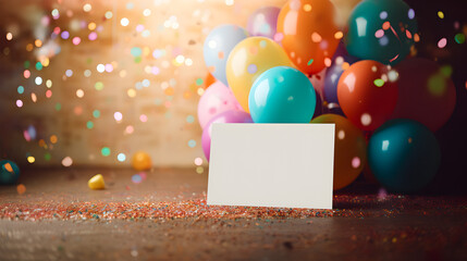 carte d'invitation pour un anniversaire posé devant des ballons colorés - obrazy, fototapety, plakaty