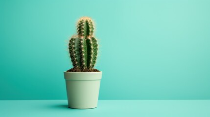 Cactus in a pot on a turquoise background. 3d rendering Generative AI
