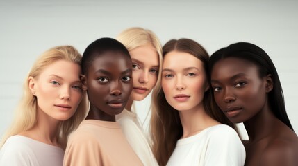 Obraz premium people, beauty, fashion and makeup concept - group of different women with different skin color over white background Generative AI
