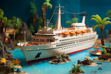 Spielzeug Kreuzfahrtschiff in einer Spielzeug Wasserwelt  - obrazy, fototapety, plakaty