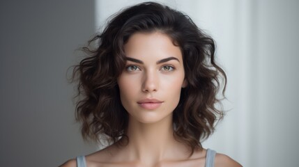 Fototapeta premium Portrait of beautiful young woman with long curly hair looking at camera Generative AI