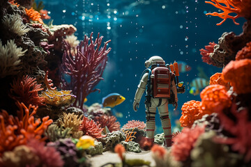 Spielzeug Taucher in einer Spielzeug Unterwasserwelt - obrazy, fototapety, plakaty