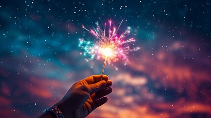 Christmas or New Year themed greetings, invitations, or social media posts A hand holds a sparkler in the night sky with stars and clouds. - obrazy, fototapety, plakaty