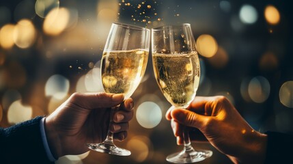 Celebrate with champagne Capture the festive mood of a party with this elegant photo of two hands clinking champagne glasses against a sparkling bokeh background. - obrazy, fototapety, plakaty
