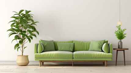 Green sofa and wooden table in living room interior with plant, white wall.