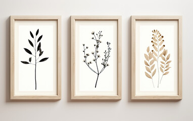 Botanical wall art , Golden foliage line art drawing with watercolor, frames 2:3 ,Abstract Plant Art design for wall framed prints.