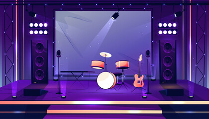 Music concert scene for performers and musicians. Vector stage with drums kit and microphones, loudspeakers and lights, acoustic guitar. Festival or live show location with instruments - obrazy, fototapety, plakaty