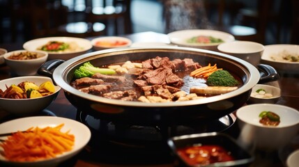 Hot pot with beef, vegetables and sauce on the table in restaurant Generative AI