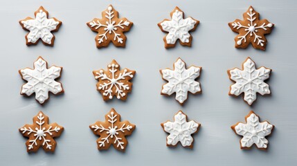 Christmas gingerbread cookies with snowflakes on the blue background. Generative AI