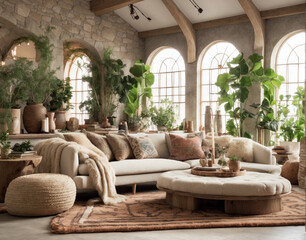 Beautiful, warm and soft furniture with lots of cushions, pots with eye-catching plants. Interior design with high exposure.