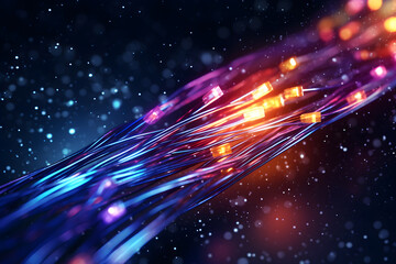 Fototapeta na wymiar Electric cable background with sparks and bare wires. Fiber optics network cable lights abstract background. Fiber optic cable for communication technology and connecting element. 