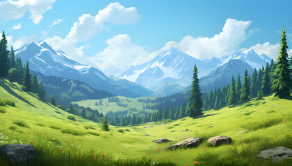 Nature background beautiful landscape. Panoramic view of big mountains, beautiful green meadows. Travel posters. Natural park or forest outdoor background with mountains. 
