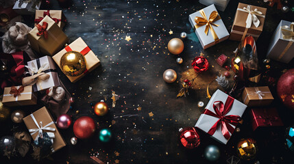 New Year gift boxes and decorations on dark background