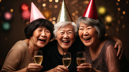 Three old Asian ladies celebrating and having fun together