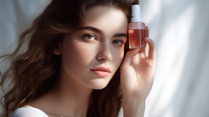 Fototapeta premium Beautiful young woman applying serum on her face. Skin care concept. Generative AI