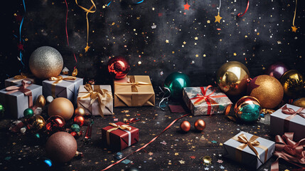 Gift boxes and colorful decorations on dark background