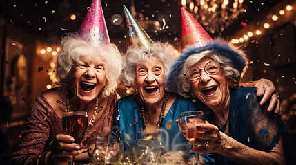 Three female seniors celebrating and having fun together - obrazy, fototapety, plakaty