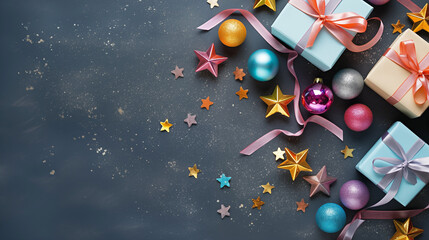 Colorful gift boxes and star decorations on dark background