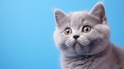 Close-up portrait of british short hair cat on blue background Generative AI