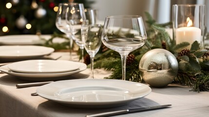 Fototapeta na wymiar Table setting for Christmas or New Year dinner. Glasses, plates, cutlery, candles and Christmas decorations on the table. Generative AI