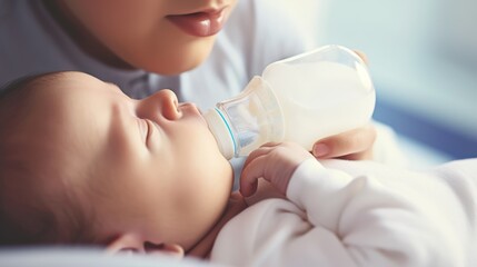 Closeup of mother feeding her newborn baby with milk bottle at home Generative AI