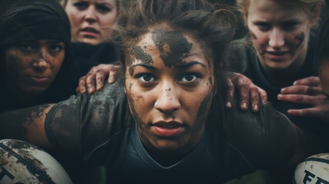 Diverse group of women playing rugby on a field. Female rugby player with dirty face. Generative AI