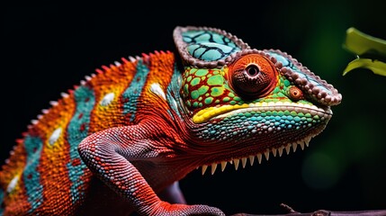 Fototapeta premium Chameleon near up. Multicolor Excellent Chameleon closeup reptile with colorful shinning skin. The concept of mask and shinning skins. Outlandish Tropical Pet