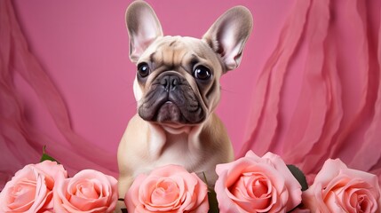 Canine holding a bouquet of tulips in his teeth on a pink foundation. Spring card for Valentine's Day, Women's Day, Birthday, Wedding