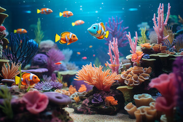 Bunte Spielzeug Fische mit Korallen - obrazy, fototapety, plakaty