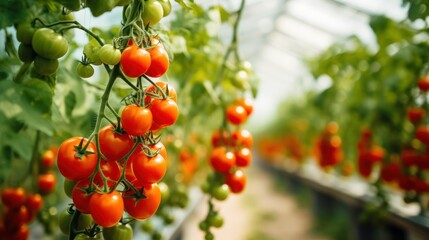 Obraz premium Ripe red cherry tomatoes growing on a branch in a greenhouse. Generative AI