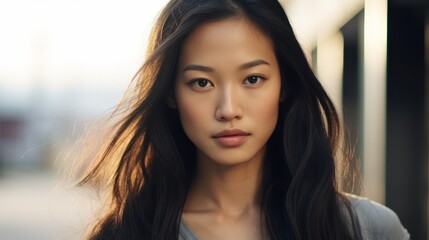 Naklejka premium Portrait of a beautiful asian woman with long straight hair. Generative AI