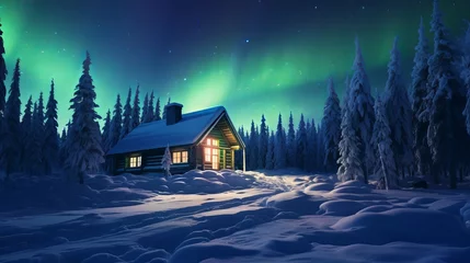 Foto auf Alu-Dibond A winter scene with a singular wooden cabin and snow-covered fir trees. Aurora borealis. Northern lights in winter woodland. Christmas occasion and winter get-aways concept © Elshad