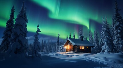 A winter scene with a singular wooden cabin and snow-covered fir trees. Aurora borealis. Northern lights in winter woodland. Christmas occasion and winter get-aways concept
