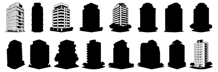 Building silhouettes set, large pack of vector silhouette design, isolated white background