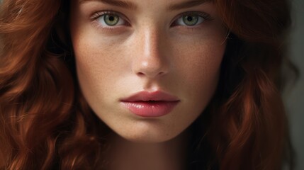 Close-up portrait of beautiful red-haired girl with freckles Generative AI