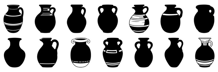 Egyptian vase silhouettes set, large pack of vector silhouette design, isolated white background