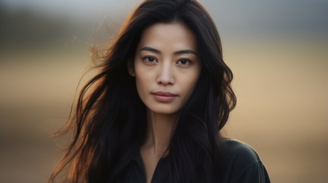 Portrait of a beautiful asian woman with long dark hair. Generative AI