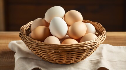 Eggs in a basket on a wooden table. Close-up. Generative AI