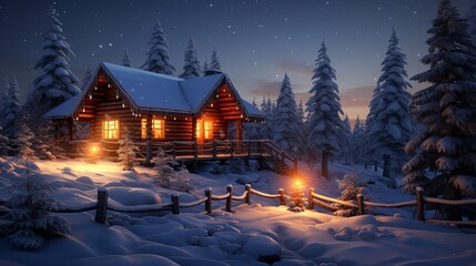 Cozy log cabin completely enlightened in blanketed winter woodland with snowman at observe before get-away domestic - obrazy, fototapety, plakaty