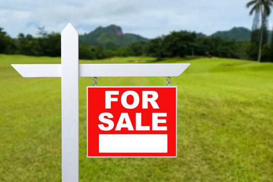 Conceptual sign against beautiful landscape with text - FOR SALE.