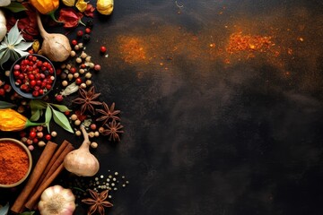 Copy space dark background with spices as decor: garlic, curcuma, pepper, laurel, cinnamon, star anise