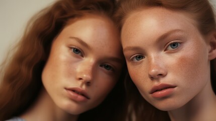 Portrait of two young women with freckles on their faces Generative AI