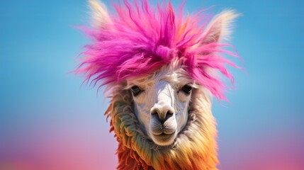 Colorful photo of an disconnected Alpaca with wild, chaotic, clever hair - obrazy, fototapety, plakaty