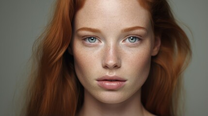 Naklejka premium Portrait of a beautiful young redhead woman with freckles on her face Generative AI