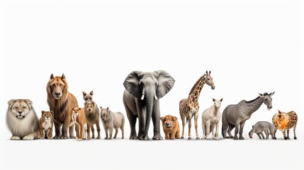 Collection of wild creatures, elephant, tiger, deer, rabbit, parrot, hawk, hippo, giraffe, rhino on white foundation - obrazy, fototapety, plakaty