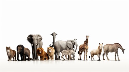 Collection of wild creatures, elephant, tiger, deer, rabbit, parrot, hawk, hippo, giraffe, rhino on white foundation - obrazy, fototapety, plakaty