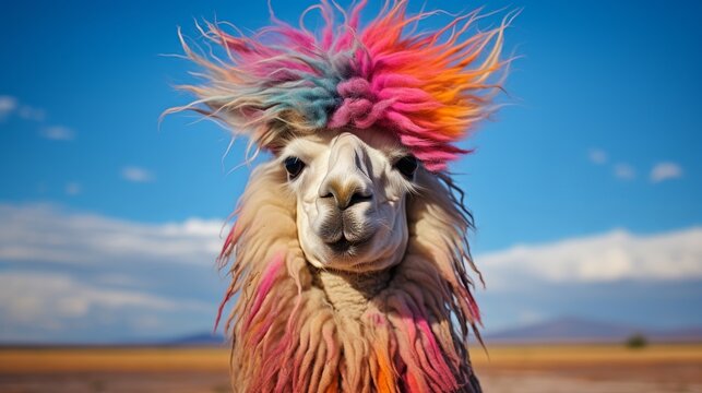 Colorful photo of an disconnected Alpaca with wild, chaotic, clever hair