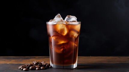 Iced coffee with ice cubes and coffee beans on dark background. Generative AI
