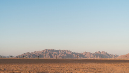 Panoramic view on sand, mountains hills in South Sinai desert, Egypt. Orange sand and haze.