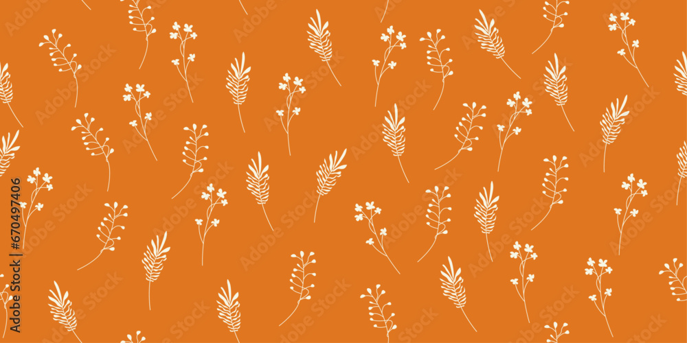 Poster hand drawn floral pattern with orange background. vector pattern with white branches and leaves. sty